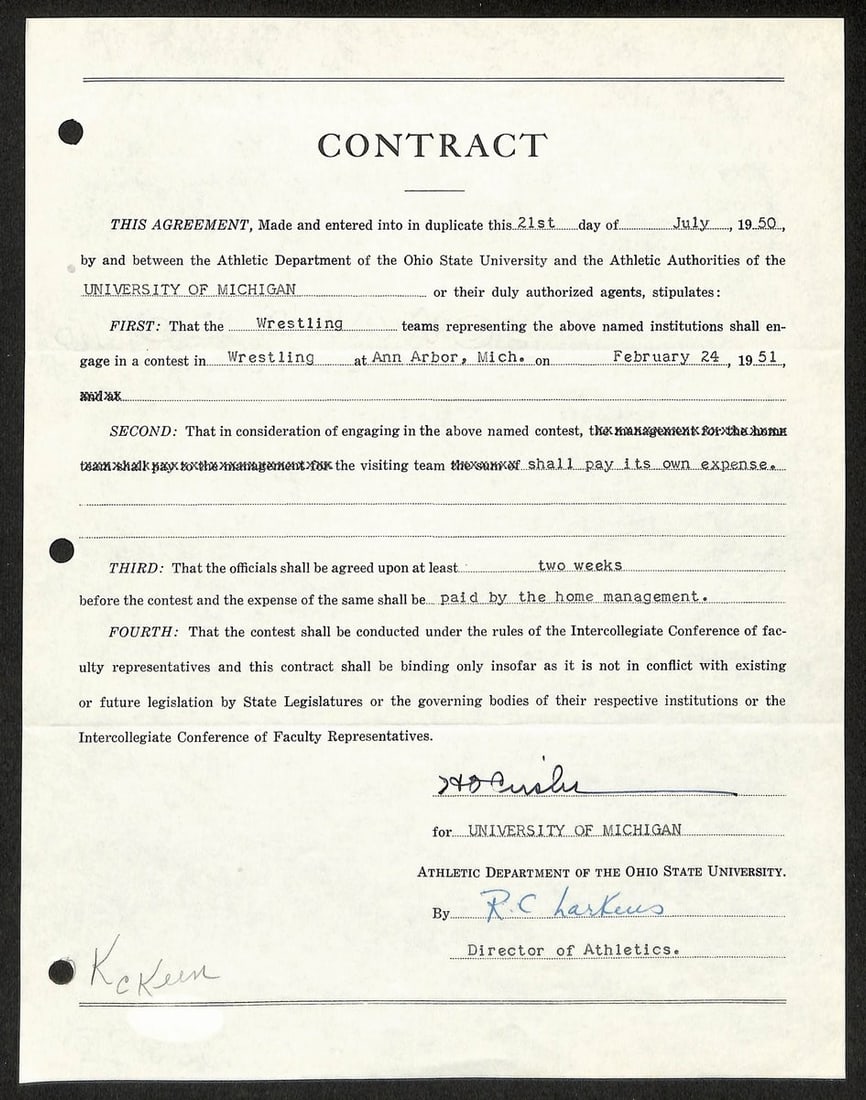 Fritz Crisler Signed Michigan Football Contract With PSA Authentication: Fritz Crisler Signed Michigan Football Contract With PSA Authentication This item is an original contract signed by Fritz Crisler, the Hall of Fame head coach of the University of Michigan football te