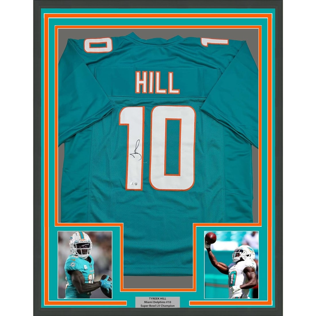 Tyreek Hill signed Miami Dolphins teal framed jersey 35x39 Beckett COA: Tyreek Hill signed Miami Dolphins teal framed jersey 35x39 Beckett COA Professionally framed and matted original signed Tyreek Hill Miami Dolphins teal jersey display with two 5x7 photos. This pre-own