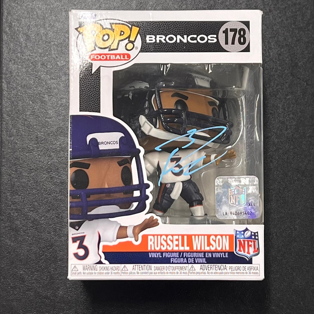 Russell Wilson Signed Funko Pop #178 PSA/DNA Denver Broncos Collectible: Russell Wilson Signed Funko Pop #178 PSA/DNA Denver Broncos Collectible This is a Funko Pop #178 featuring the signature of Russell Wilson, a prominent player who has played for both the Denver Bronco