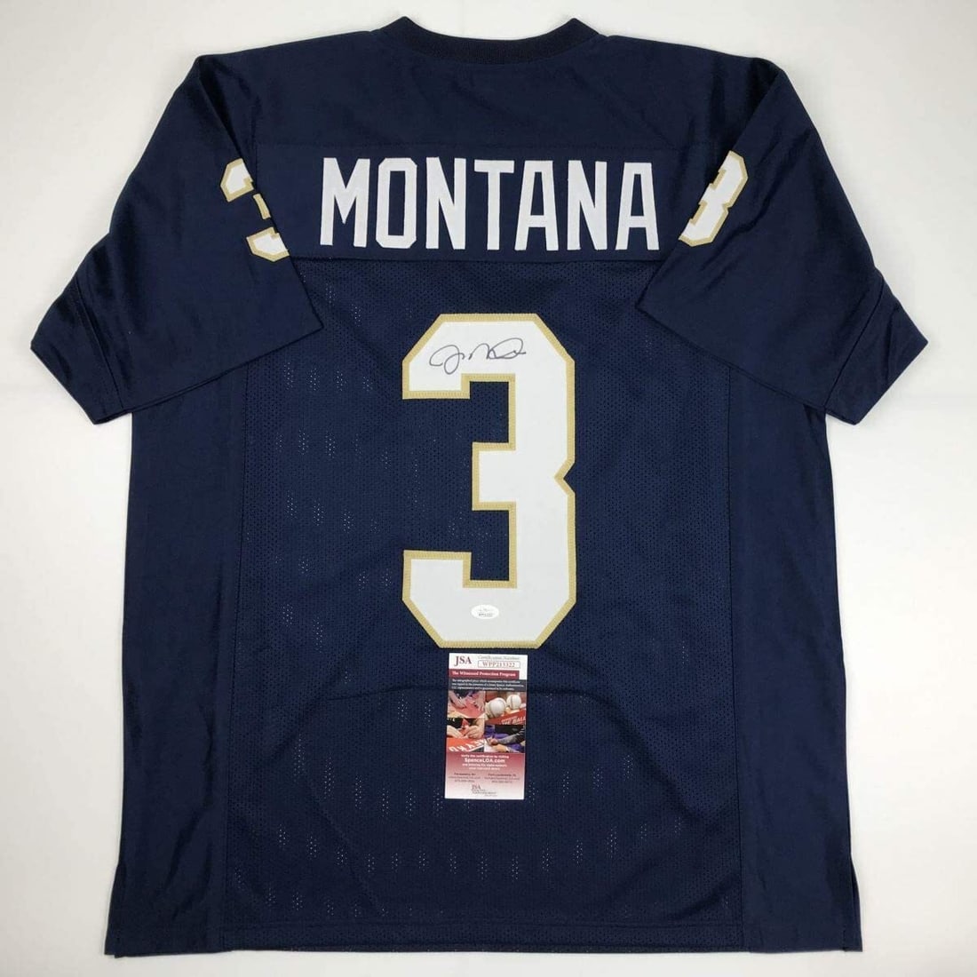 Joe Montana Autographed Notre Dame College Football Jersey JSA COA: Joe Montana Autographed Notre Dame College Football Jersey JSA COA Celebrate the legacy of college football with this autographed Joe Montana Notre Dame Fighting Irish blue jersey. This custom jersey 
