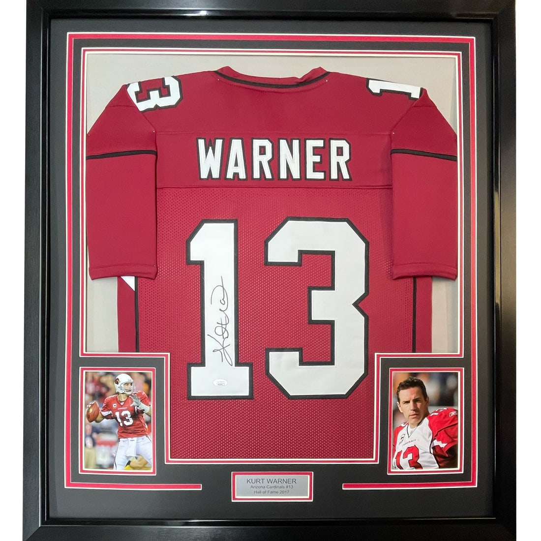 Kurt Warner signed Arizona Cardinals framed football jersey JSA 35x39 (1 of 2)