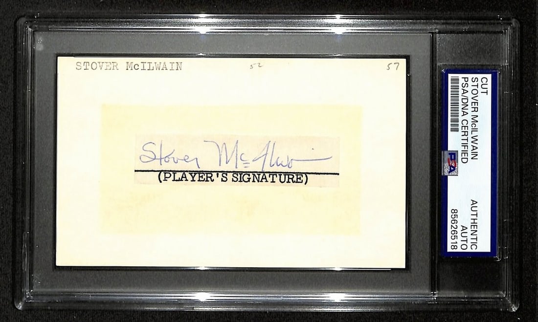 PSA DNA authenticated Stover McIlwain autograph cut 3x5 White Sox card: PSA DNA authenticated Stover McIlwain autograph cut 3x5 White Sox card Original signed cut on a 3x5 index card featuring Stover McIlwain, noted to reference the 1957 Chicago White Sox. The autograph