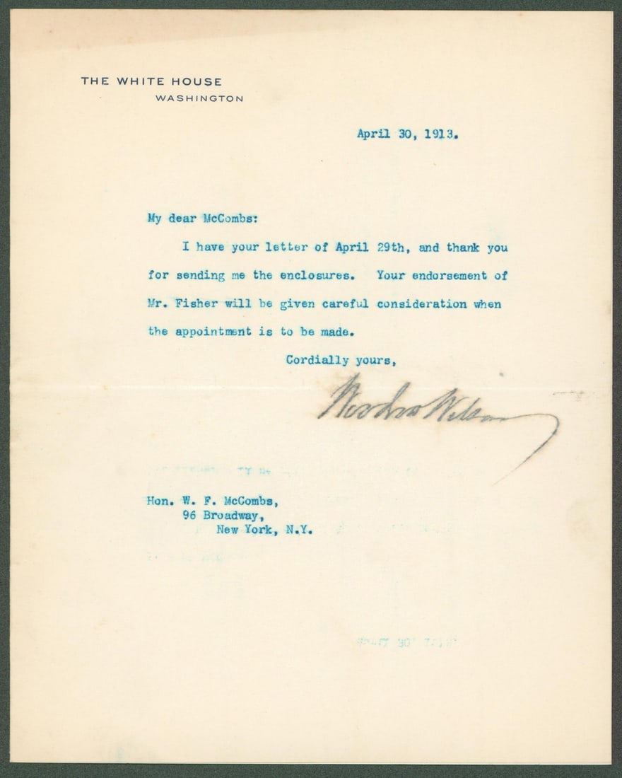 Woodrow Wilson Signed 1913 White House Letter 7x8.8 Beckett Certified: Woodrow Wilson Signed 1913 White House Letter 7x8.8 Beckett Certified This remarkable letter is a piece of history, personally signed by Woodrow Wilson on April 30, 1913, featuring the prestigious Whi