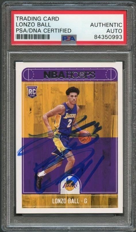 PSA Slabbed Lonzo Ball Signed 2017 2018 Hoops #252 Lakers RC: PSA Slabbed Lonzo Ball Signed 2017 2018 Hoops #252 Lakers RC This is a 2017-2018 NBA Hoops #252 rookie card featuring Lonzo Ball, who played for the Los Angeles Lakers. The card is hand-signed by Lonz