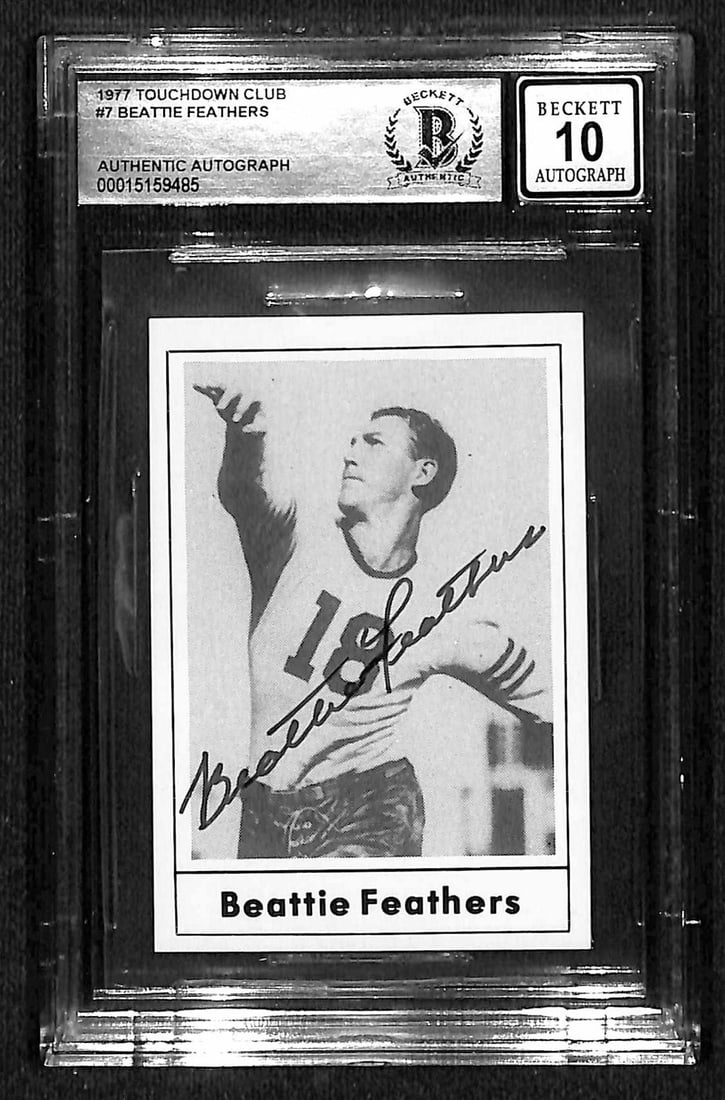 Beattie Feathers 1977 Touchdown Club #7 Signed Card Auto Grade 10: Beattie Feathers 1977 Touchdown Club #7 Signed Card Auto Grade 10 This autographed 1977 Touchdown Club #7 sports trading card features the signature of NFL legend Beattie Feathers, who is remembered a
