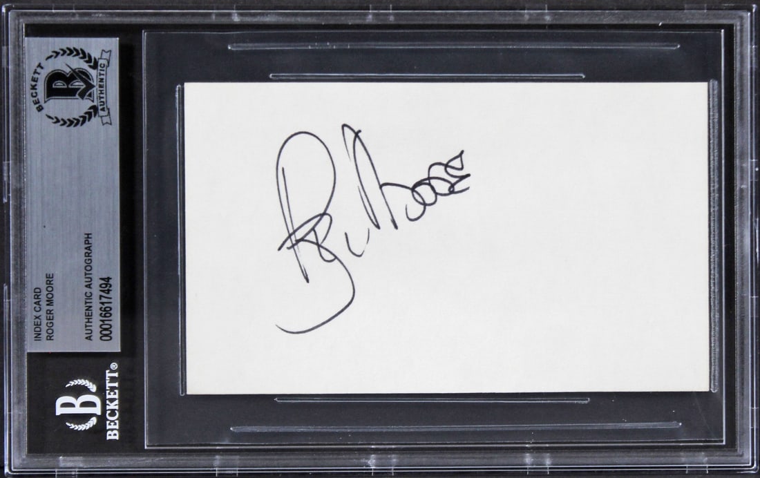 Roger Moore James Bond Signed 3x5 Index Card Beckett Authenticated: Roger Moore James Bond Signed 3x5 Index Card Beckett Authenticated This authentic autographed 3x5 index card has been personally signed by Roger Moore, the iconic actor known for his role as James Bon