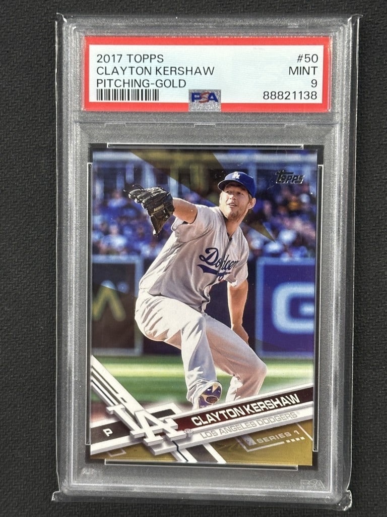 Clayton Kershaw 2017 Topps Gold Baseball Card PSA 9 Dodgers #50: Clayton Kershaw 2017 Topps Gold Baseball Card PSA 9 Dodgers #50 This is a 2017 Topps Clayton Kershaw Pitching Gold baseball card, graded PSA 9 Mint. Featuring card number 50, this collectible showcase