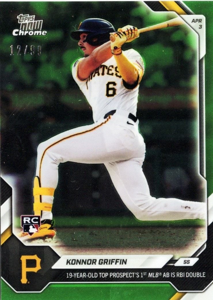 Konnor Griffin Topps Now Green Chrome Rookie Card 49 /99: Konnor Griffin Topps Now Green Chrome Rookie Card 49 /99 This is a 2026 Topps Now Konnor Griffin #49 Green Chrome rookie baseball card, featuring the Pittsburgh Pirates player. The card showcases a mu