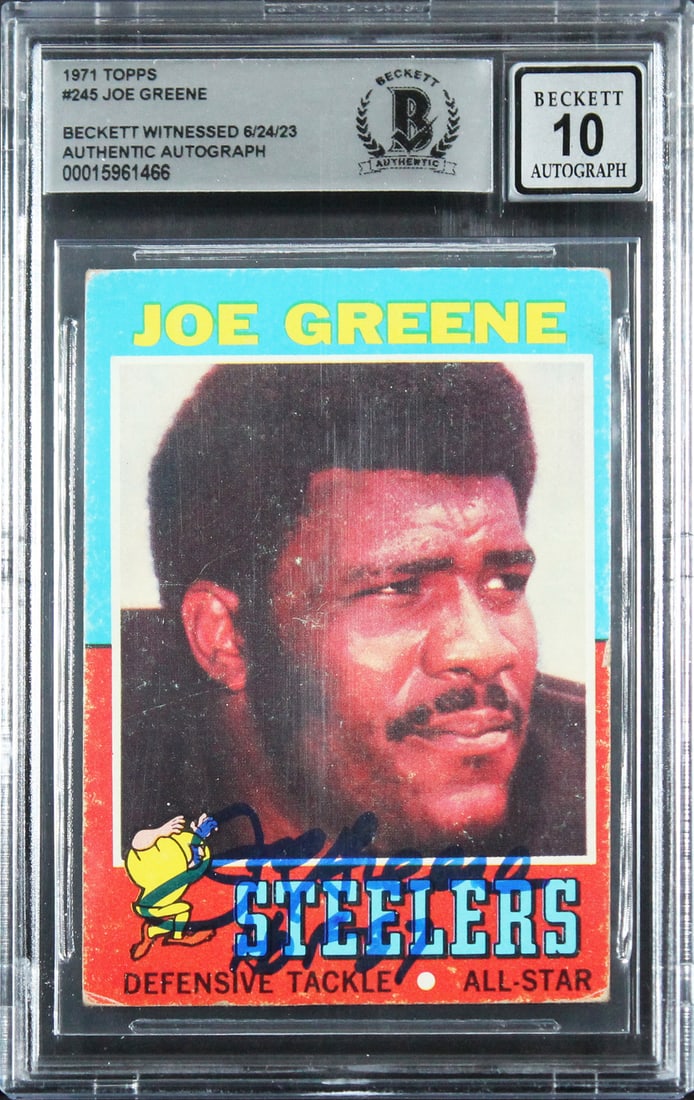 Joe Greene Signed 1971 Topps #245 RC HOF 87 Gem Mint 10 Beckett Authenticated: Joe Greene Signed 1971 Topps #245 RC HOF 87 Gem Mint 10 Beckett Authenticated This is a 1971 Topps #245 Rookie Card featuring Joe Greene, a legendary player for the Pittsburgh Steelers. The card is gr