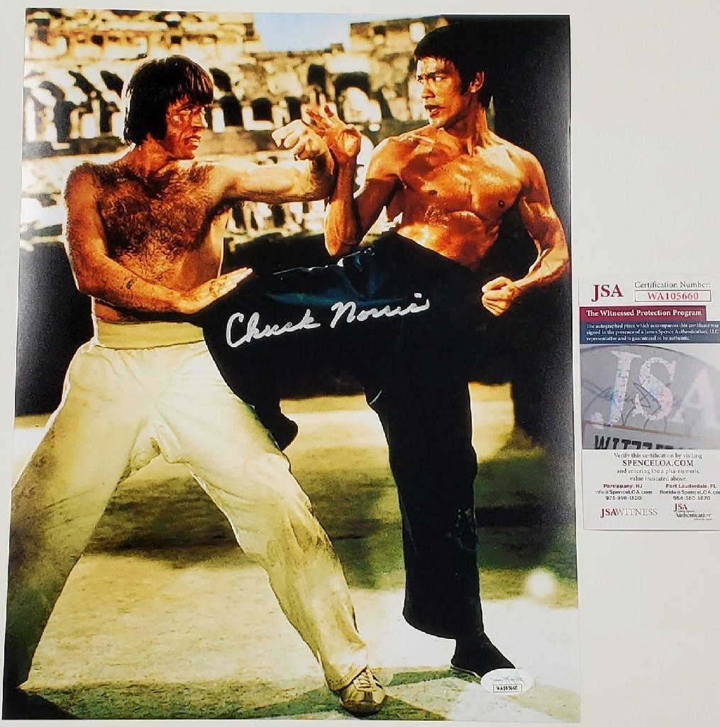 11x14 Return of the Dragon Photo Signed by Chuck Norris JSA Authenticated: 11x14 Return of the Dragon Photo Signed by Chuck Norris JSA Authenticated This is an original 11x14 photograph from 'Return of the Dragon,' personally signed by Chuck Norris. The autograph has been au