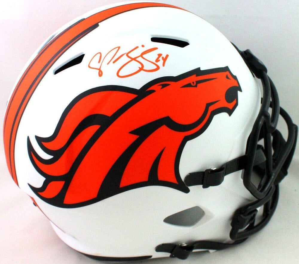 Beckett signed Champ Bailey Denver Broncos full size Lunar Speed helmet: Beckett signed Champ Bailey Denver Broncos full size Lunar Speed helmet This is an original autographed Denver Broncos full-size Lunar Speed helmet signed by Champ Bailey. The helmet is pre-owned and 