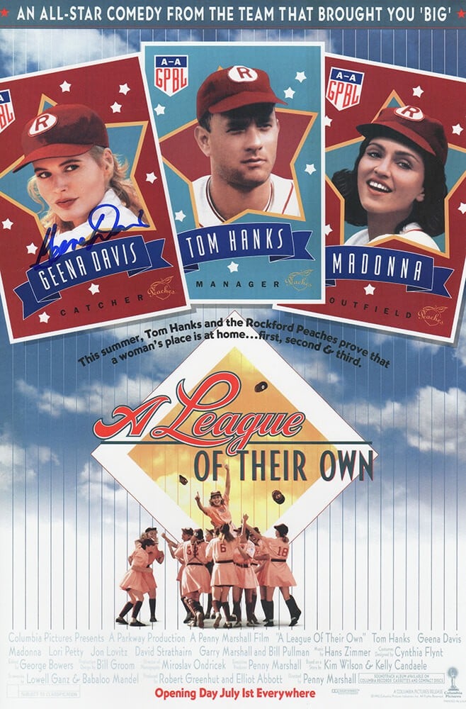 Geena Davis A League Of Their Own Signed Poster 11x17 with COA: Geena Davis A League Of Their Own Signed Poster 11x17 with COA This original 11x17 movie poster of 'A League of Their Own' is signed by Geena Davis, featuring her iconic role in this classic film. The
