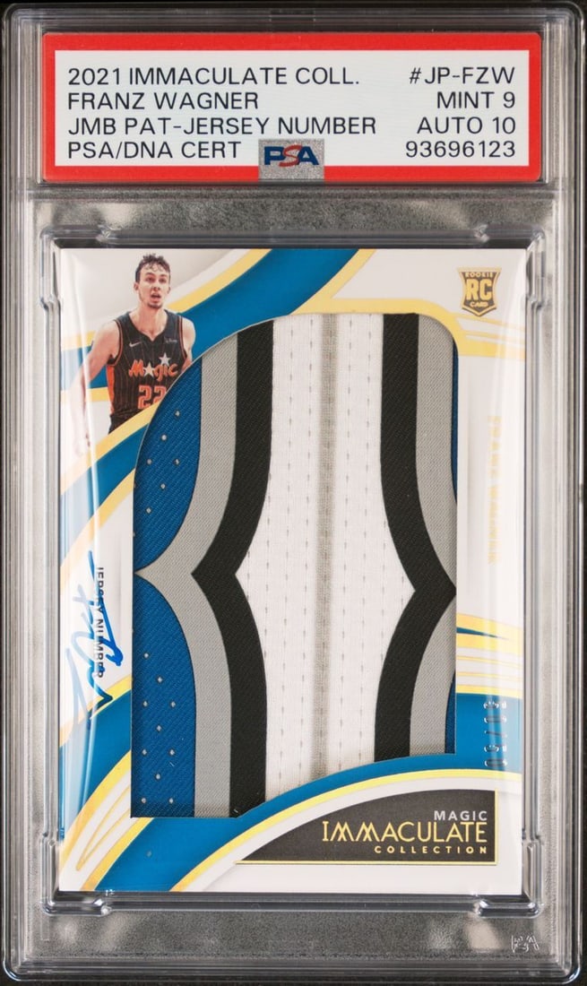 2021 Immaculate JMB Pat-Jersey JP-FZW Signed Franz Wagner PSA/DNA: 2021 Immaculate JMB Pat-Jersey JP-FZW Signed Franz Wagner PSA/DNA This listing features a 2021 Immaculate JMB Pat-Jersey Number #JP-FZW signed by Franz Wagner. The autograph has been authenticated by 