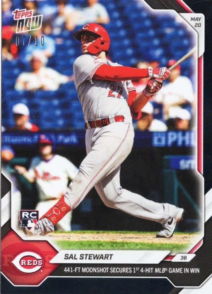 Topps Now 2026 Sal Stewart #224 RC Black Foil /10 Reds card: Topps Now 2026 Sal Stewart #224 RC Black Foil /10 Reds card 2026 Topps Now Sal Stewart #224 Black Foil rookie baseball card. This pre-owned sports trading card features the Black Foil parallel from th