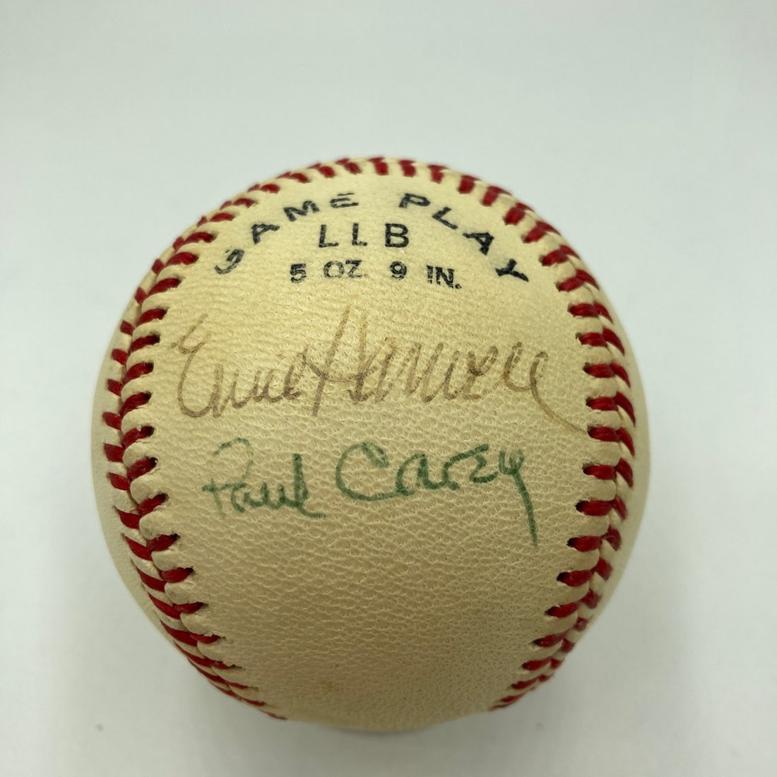 JSA Authenticated Baseball Signed by Detroit Tigers Broadcasters Harwell and Carey: JSA Authenticated Baseball Signed by Detroit Tigers Broadcasters Harwell and Carey Original signed baseball featuring autographs from Detroit Tigers broadcasters Ernie Harwell and Paul Carey. Pre-owne