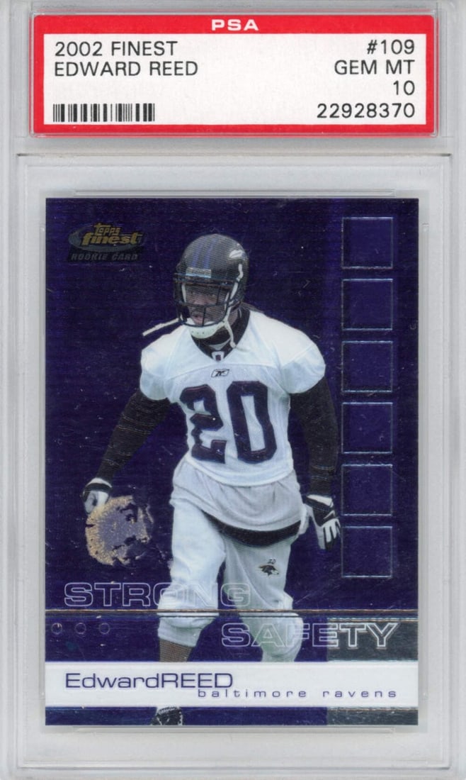 2002 Topps Finest Ed Reed #109 Rookie Football Card PSA 10 Gem: 2002 Topps Finest Ed Reed #109 Rookie Football Card PSA 10 Gem This is a graded 2002 Topps Finest Ed Reed #109 Rookie RC Football Card, rated PSA 10 Gem, encapsulated for protection. The card is an or