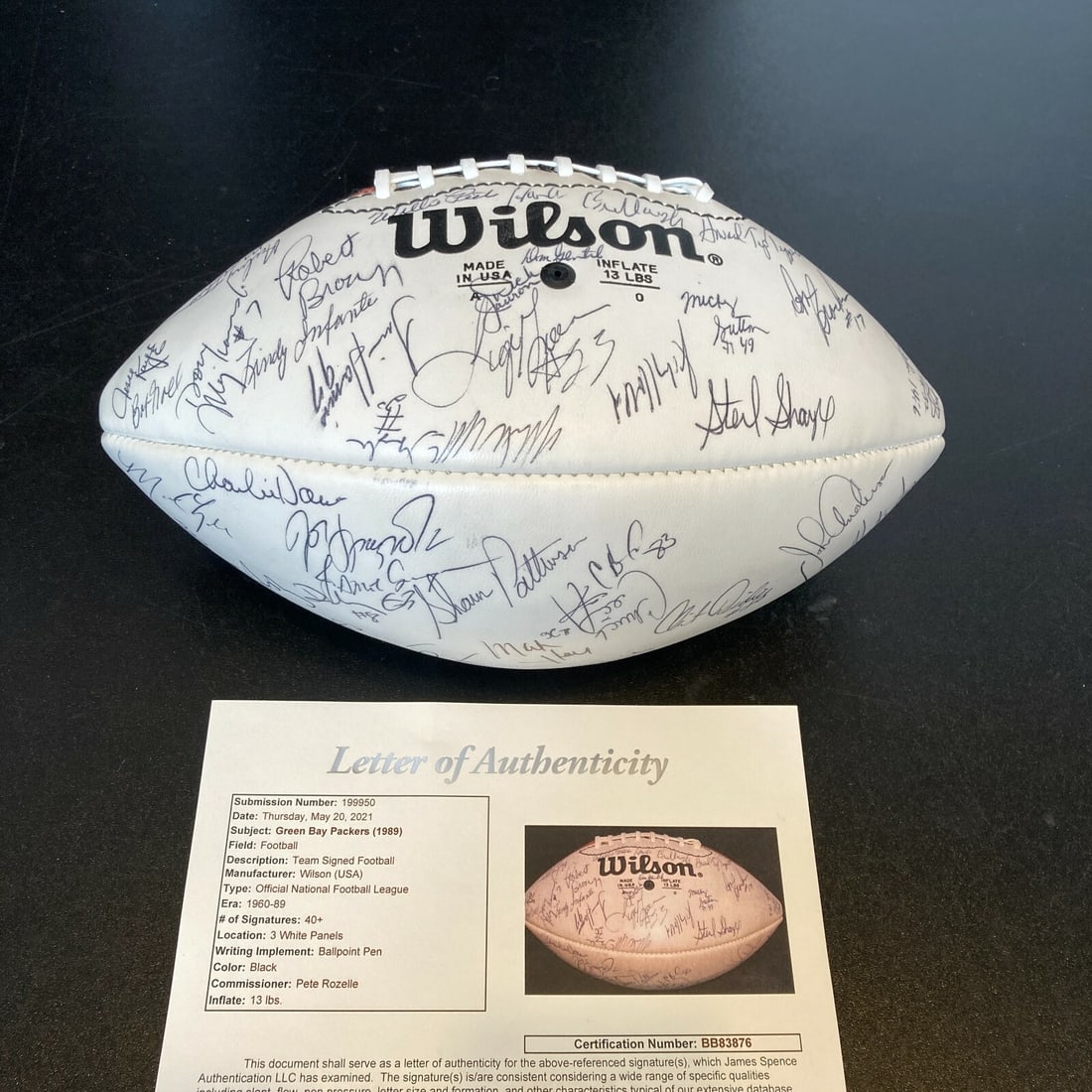 Wilson NFL football signed by 1989 Green Bay Packers 40+ autographs JSA: Wilson NFL football signed by 1989 Green Bay Packers 40+ autographs JSA Original 1989 Green Bay Packers team-signed Wilson NFL football with 40+ signatures. This pre-owned ball is authenticated by Jam