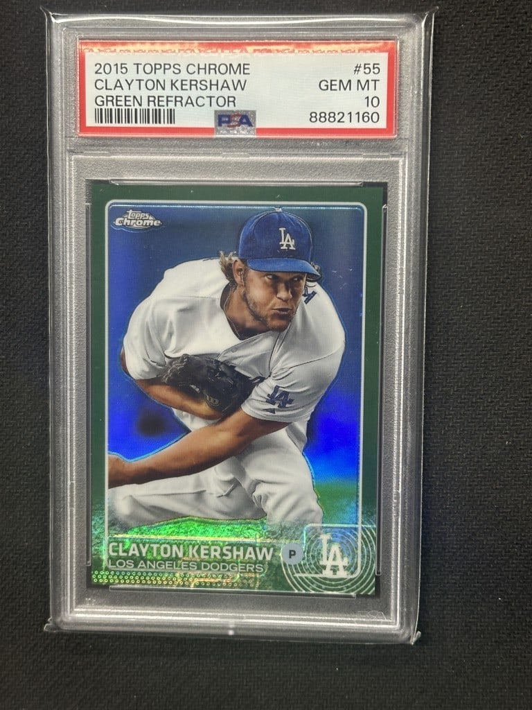 Clayton Kershaw 2015 Topps Chrome Green Refractor PSA 10 #55 Dodgers: Clayton Kershaw 2015 Topps Chrome Green Refractor PSA 10 #55 Dodgers This is a 2015 Topps Chrome Green Refractor baseball card featuring Clayton Kershaw, a star pitcher for the Los Angeles Dodgers. Gr