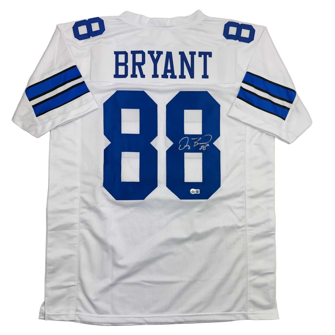 Beckett BAS Certified Dez Bryant Dallas Cowboys White Signed Jersey: Beckett BAS Certified Dez Bryant Dallas Cowboys White Signed Jersey Autographed white football jersey signed by Dez Bryant. This is a custom jersey made as an autographed collectible and displays the 