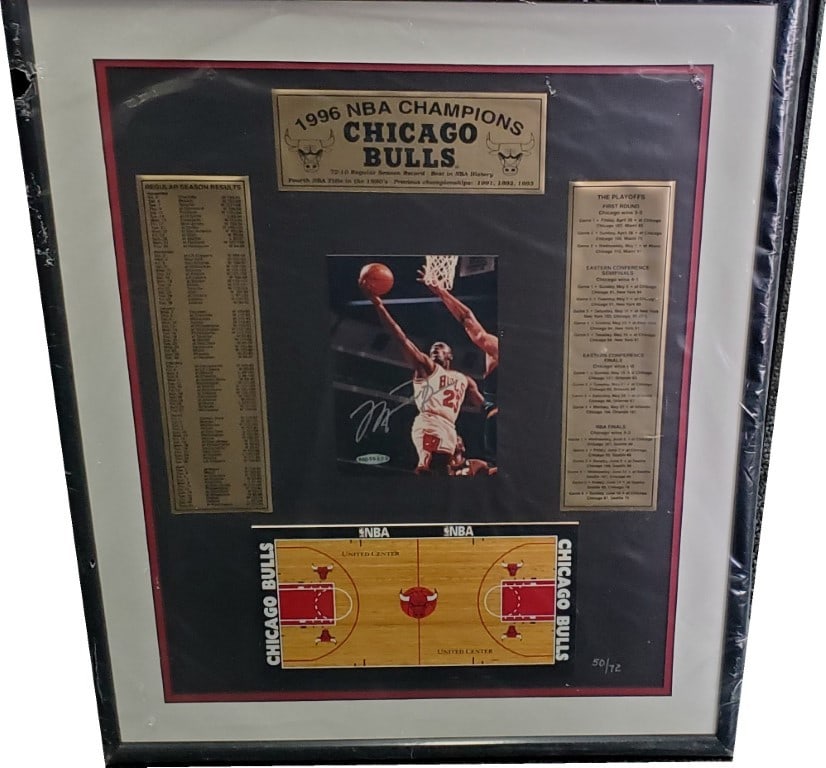 Michael Jordan Signed 5x7 Photo Custom Frame with UDA Hologram: Michael Jordan Signed 5x7 Photo Custom Frame with UDA Hologram This is an original hand-signed 5x7 photo of Michael Jordan, custom framed, featuring a replica of the basketball floor. The autograph ha
