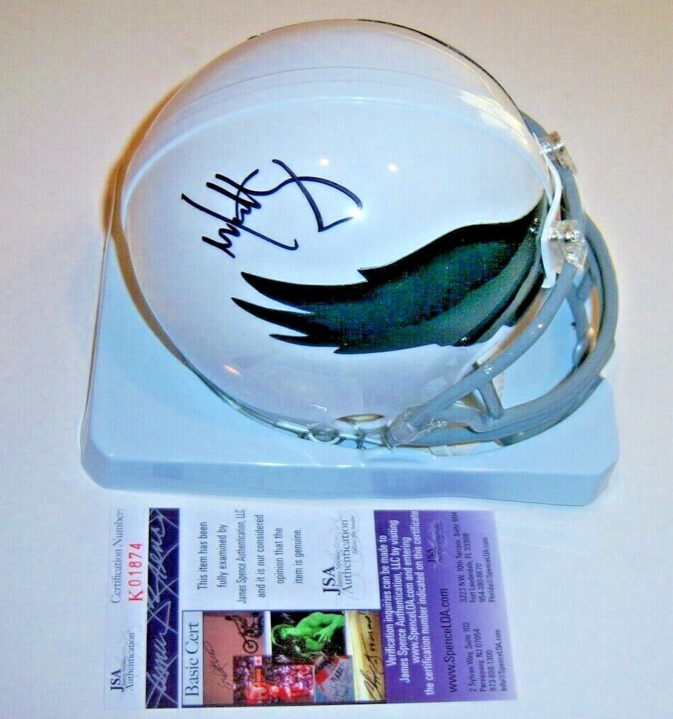 Philadelphia Eagles mini helmet signed by Mark Wahlberg with JSA COA: Philadelphia Eagles mini helmet signed by Mark Wahlberg with JSA COA This is a pre-owned mini helmet signed by Mark Wahlberg, commemorating his role as Vince Papale from the Philadelphia Eagles in the