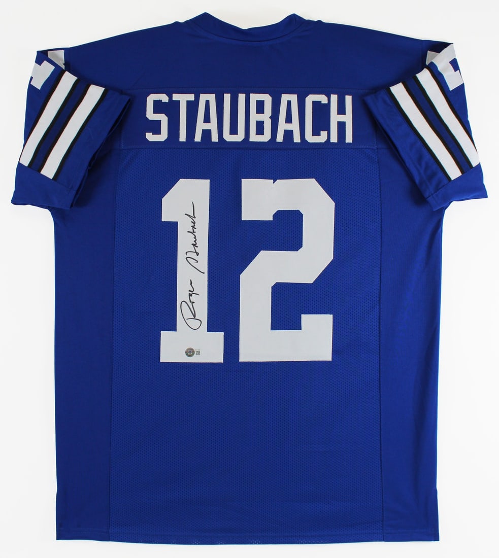 Roger Staubach Signed Blue Throwback Pro Style Jersey BAS Witnessed Dallas Cowboys: Roger Staubach Signed Blue Throwback Pro Style Jersey BAS Witnessed Dallas Cowboys Celebrate the legacy of NFL quarterback Roger Staubach with this authentic signed blue throwback pro style jersey fro