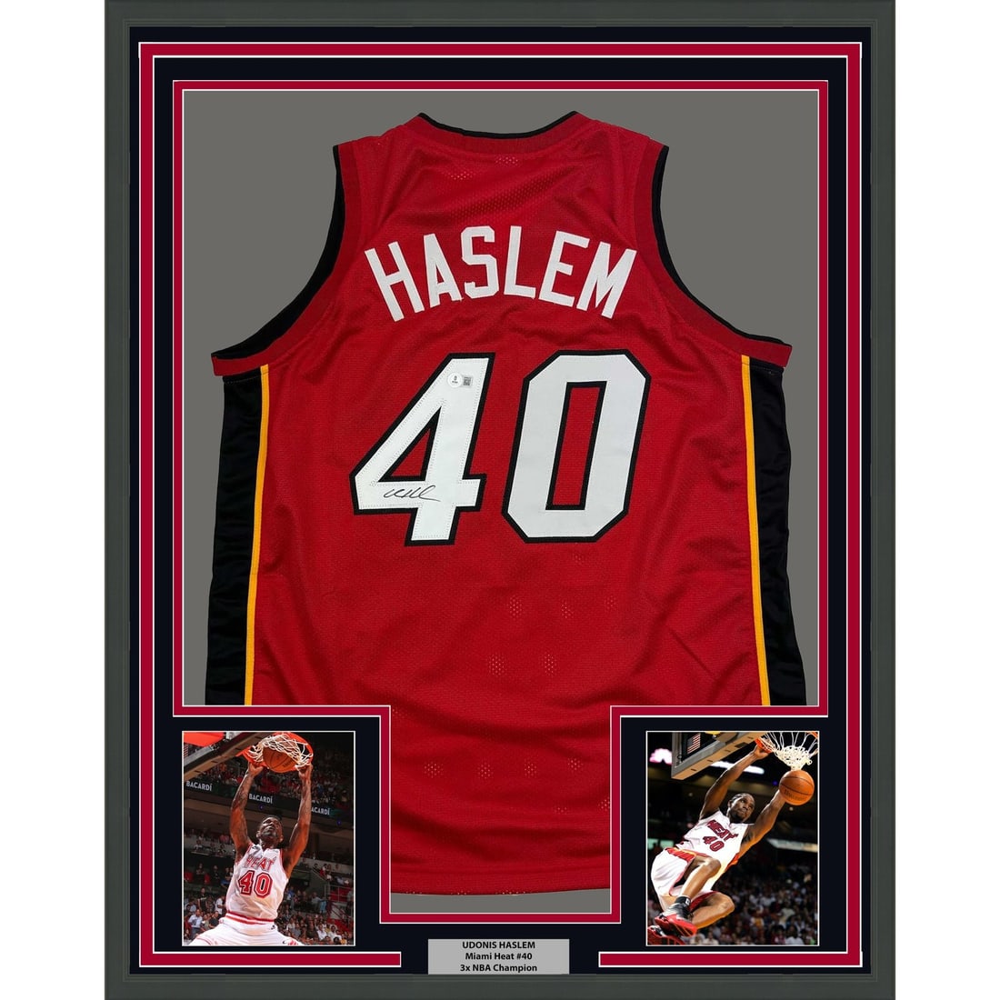 Udonis Haslem signed Miami Heat red framed jersey BAS COA: Udonis Haslem signed Miami Heat red framed jersey BAS COA Professionally framed and matted autographed Udonis Haslem Miami Heat jersey. This original signed basketball jersey is ready for display and 