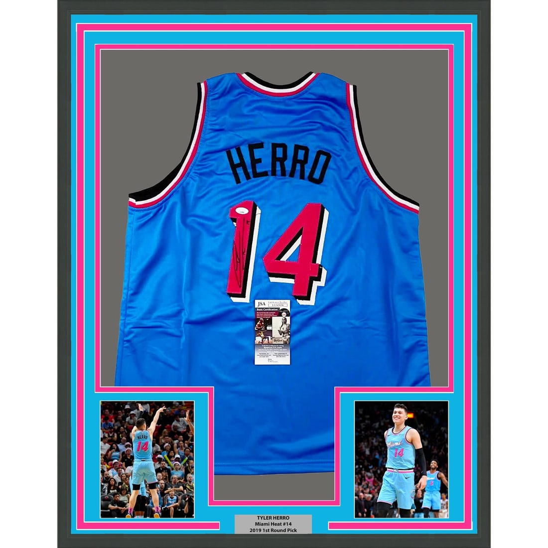 Tyler Herro autographed Miami Heat Vice City jersey framed 35x39 JSA: Tyler Herro autographed Miami Heat Vice City jersey framed 35x39 JSA Professionally framed and matted Tyler Herro signed Miami Blue Vice City jersey display with two 5x7 photos. This original basketba