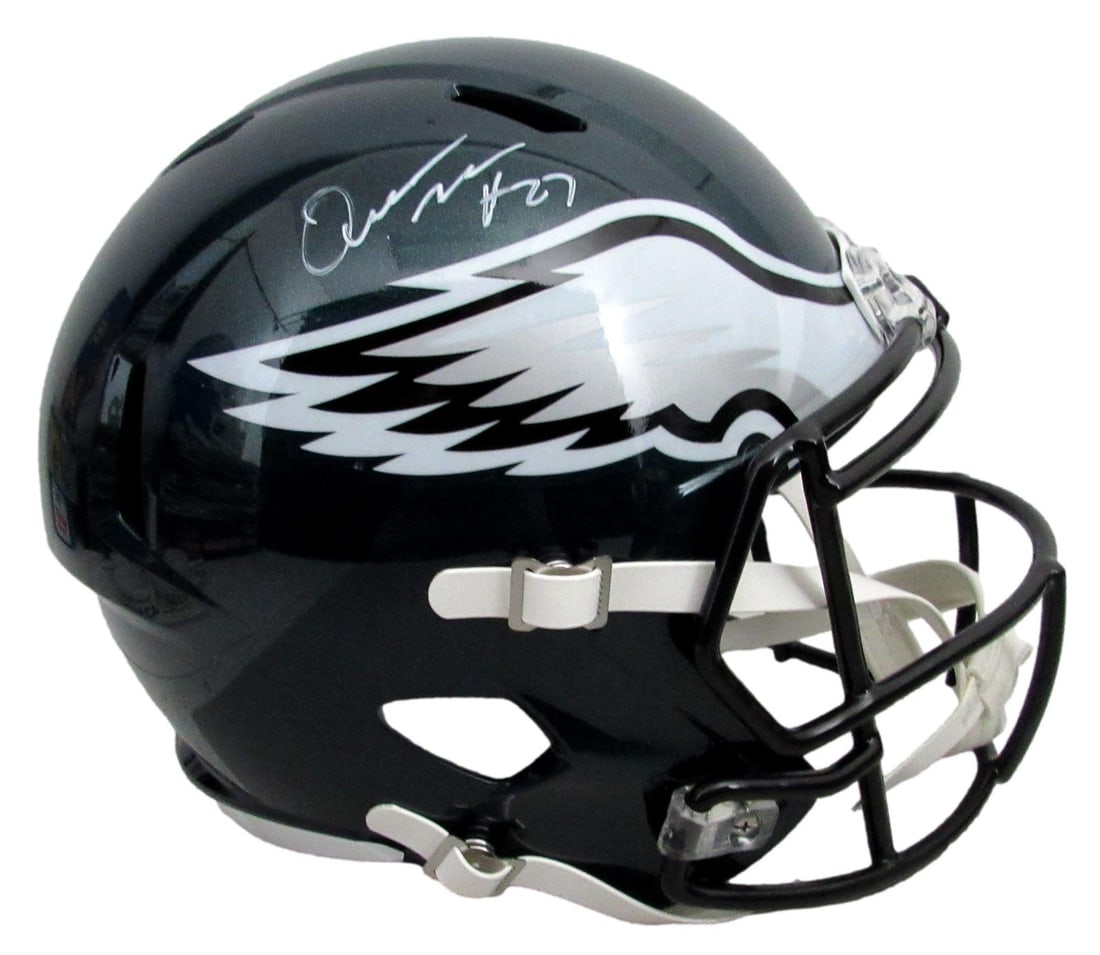 Philadelphia Eagles Green Full Size Speed Replica Helmet Signed by Quinyon Mitchell JSA: Philadelphia Eagles Green Full Size Speed Replica Helmet Signed by Quinyon Mitchell JSA Pre-owned full size green speed replica football helmet signed by Quinyon Mitchell. This original autograph item