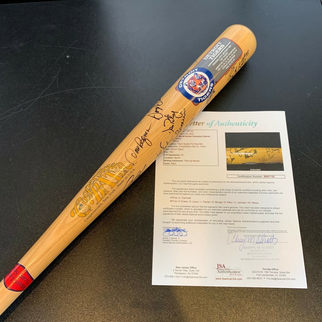 Baseball Bat Signed by 1984 Detroit Tigers Champs 22 Autographs JSA COA: Baseball Bat Signed by 1984 Detroit Tigers Champs 22 Autographs JSA COA Original team-signed Detroit Tigers bat commemorating the 1984 World Series Champions. This pre-owned baseball collectible featu