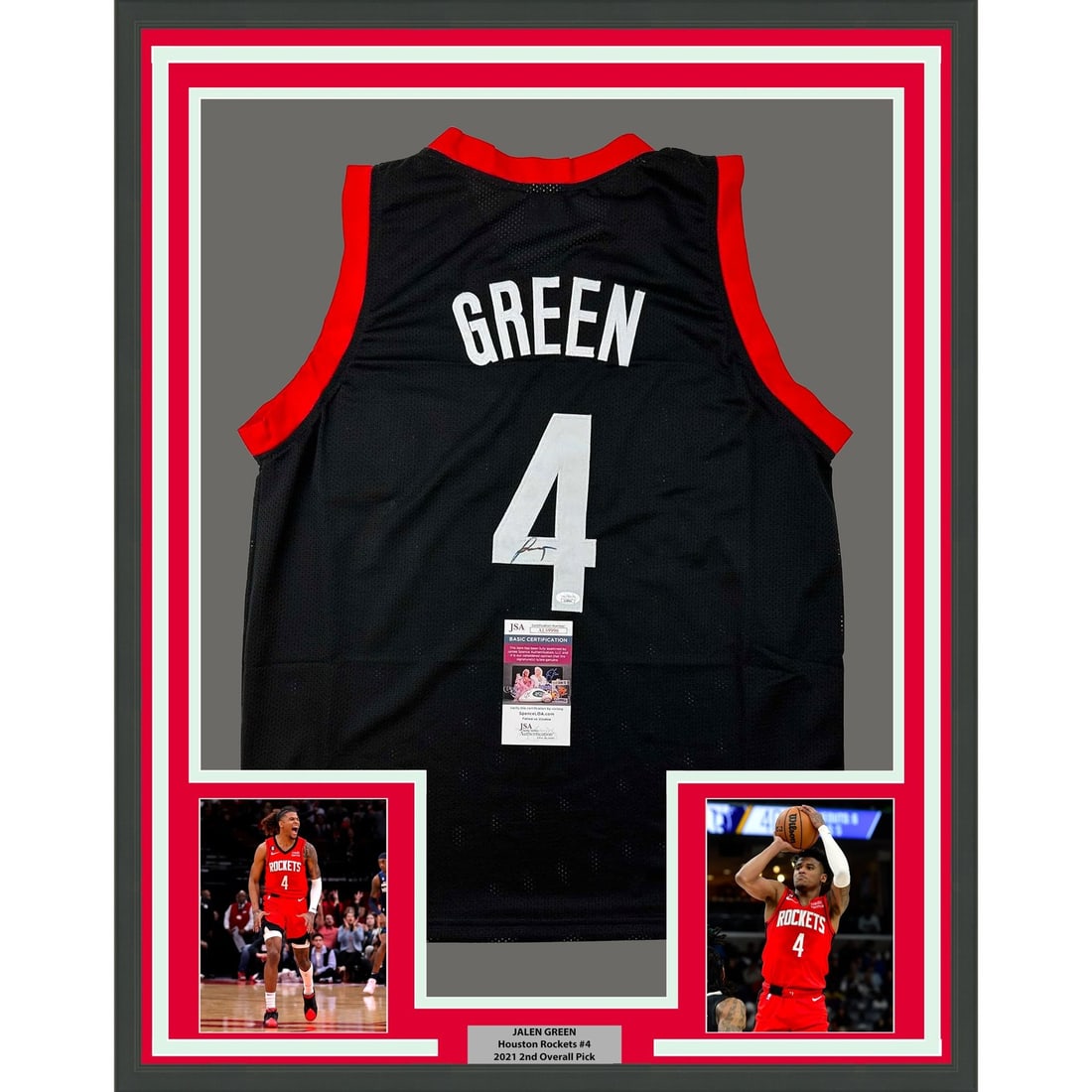 Jalen Green signed framed Houston Rockets black jersey JSA authenticated: Jalen Green signed framed Houston Rockets black jersey JSA authenticated Professionally framed autographed Jalen Green Houston Black Jersey display, signed by Jalen Green and authenticated by James Sp