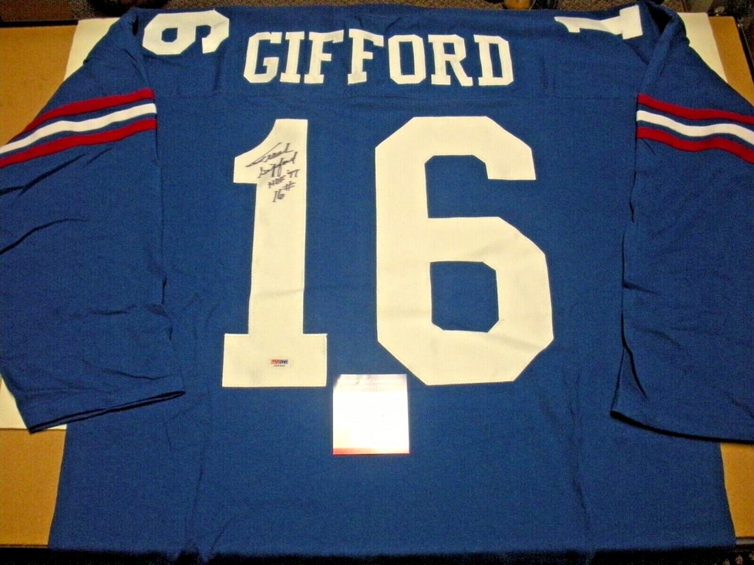 Signed Frank Gifford Jersey with PSA DNA COA New York Giants USC Trojans: Signed Frank Gifford Jersey with PSA DNA COA New York Giants USC Trojans This is a pre-owned, original jersey signed by Frank Gifford, commemorating his football career with the New York Giants and