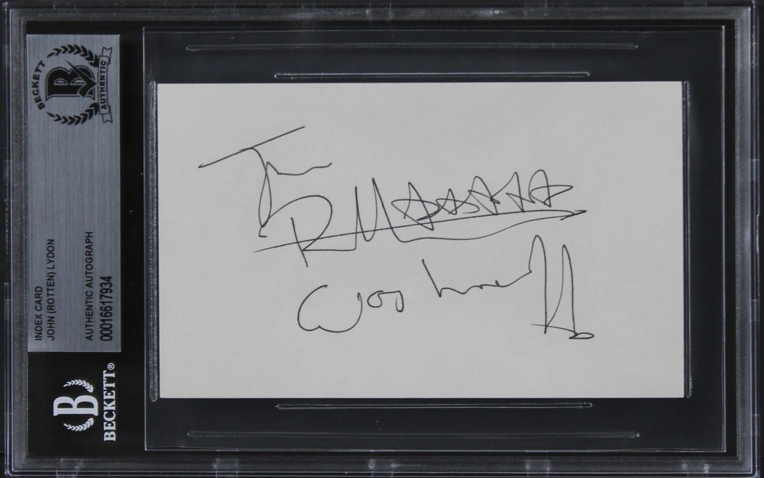 John Rotten Lydon Signed 3x5 Index Card Sex Pistols BAS Slabbed: John Rotten Lydon Signed 3x5 Index Card Sex Pistols BAS Slabbed This autographed 3x5 index card has been personally signed by John (Rotten) Lydon, the iconic frontman of the Sex Pistols, featuring