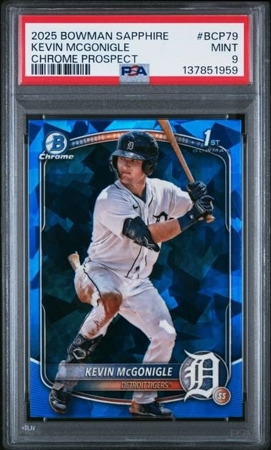 PSA 9 Kevin McGonigle 2025 Bowman Sapphire BCP79 Prospect Card: PSA 9 Kevin McGonigle 2025 Bowman Sapphire BCP79 Prospect Card Graded 2025 Bowman Sapphire Kevin McGonigle #BCP79 Chrome Prospect rookie card. This sports trading card features Kevin McGonigle of the 