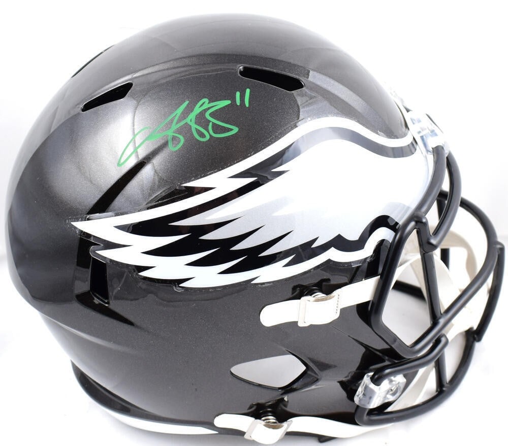 Philadelphia Eagles F S Speed Helmet signed by A.J. Brown Beckett hologram: Philadelphia Eagles F S Speed Helmet signed by A.J. Brown Beckett hologram This is an original autographed Philadelphia Eagles full-size alternate 2022 speed helmet signed by A.J. Brown. It is a pre-o