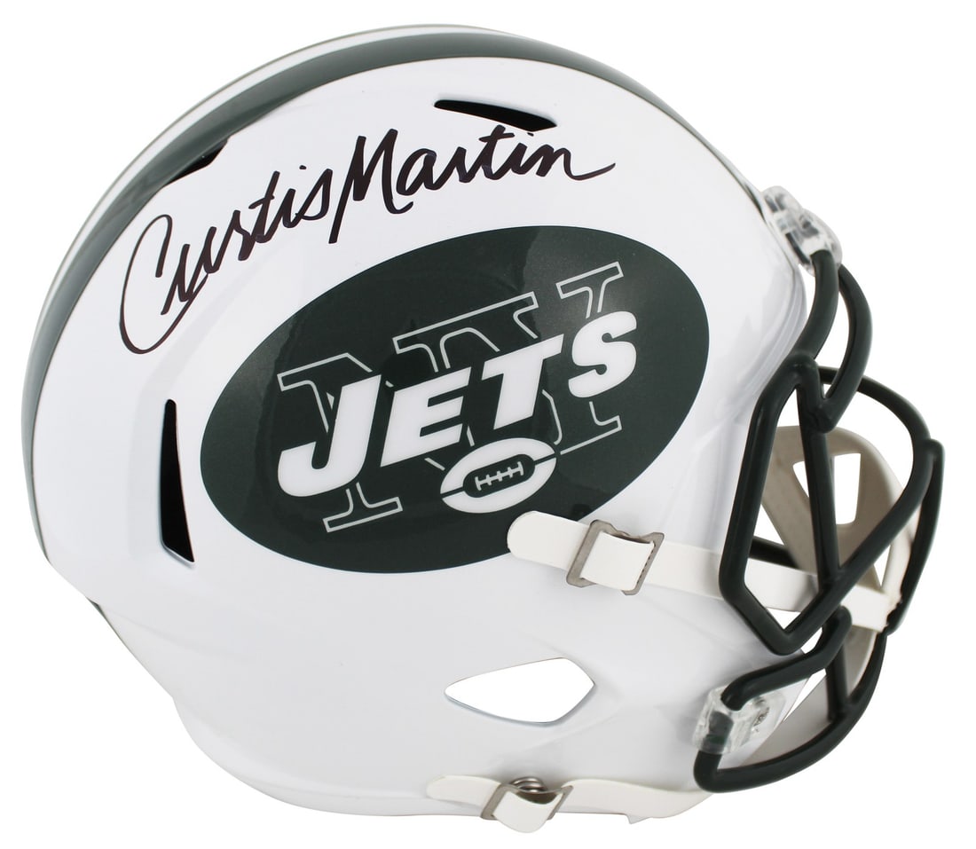 Curtis Martin autographed New York Jets full size throwback speed replica helmet: Curtis Martin autographed New York Jets full size throwback speed replica helmet Autographed 1998-2018 throwback full size Speed replica helmet personally signed by Curtis Martin for the New York Jets