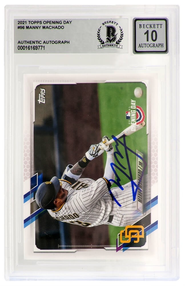 Manny Machado Signed 2021 Topps Opening Day Card #96 Beckett Auto 10: Manny Machado Signed 2021 Topps Opening Day Card #96 Beckett Auto 10 This is a Manny Machado signed San Diego Padres 2021 Topps Opening Day baseball trading card #96. The card features a Mint 10 grade