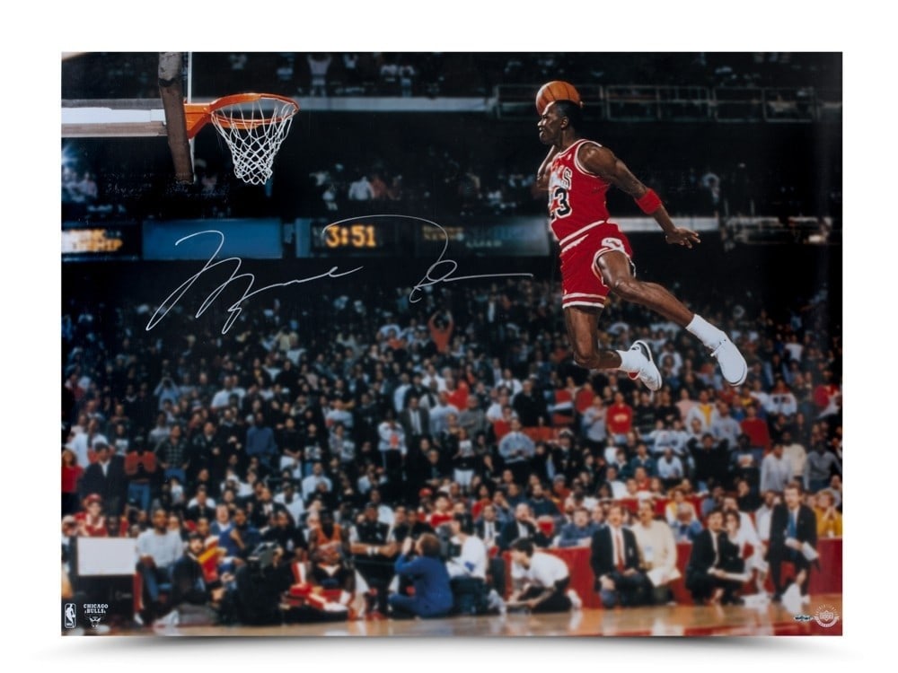 Michael Jordan Autographed 30x40 Photo Upper Deck Certified Chicago Bulls: Michael Jordan Autographed 30x40 Photo Upper Deck Certified Chicago Bulls This impressive 30X40 photo captures Michael Jordan in action during the iconic 1988 Slam Dunk Contest, where he showcased his