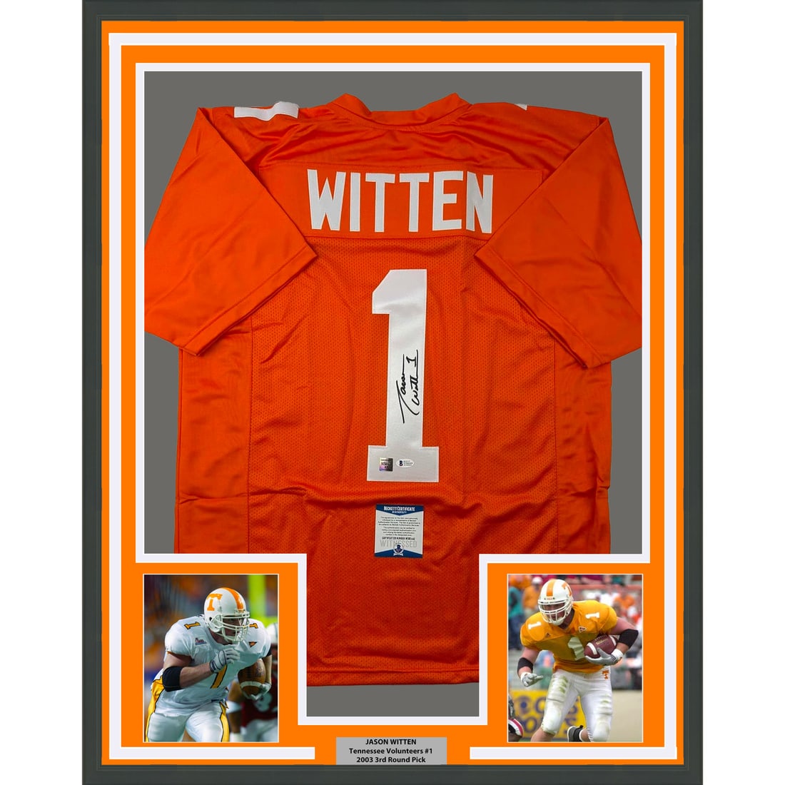 Jason Witten signed Tennessee Volunteers framed jersey BAS COA 33x42: Jason Witten signed Tennessee Volunteers framed jersey BAS COA 33x42 This professionally framed and matted display features a Tennessee Volunteers orange jersey autographed by Jason Witten. The piece 
