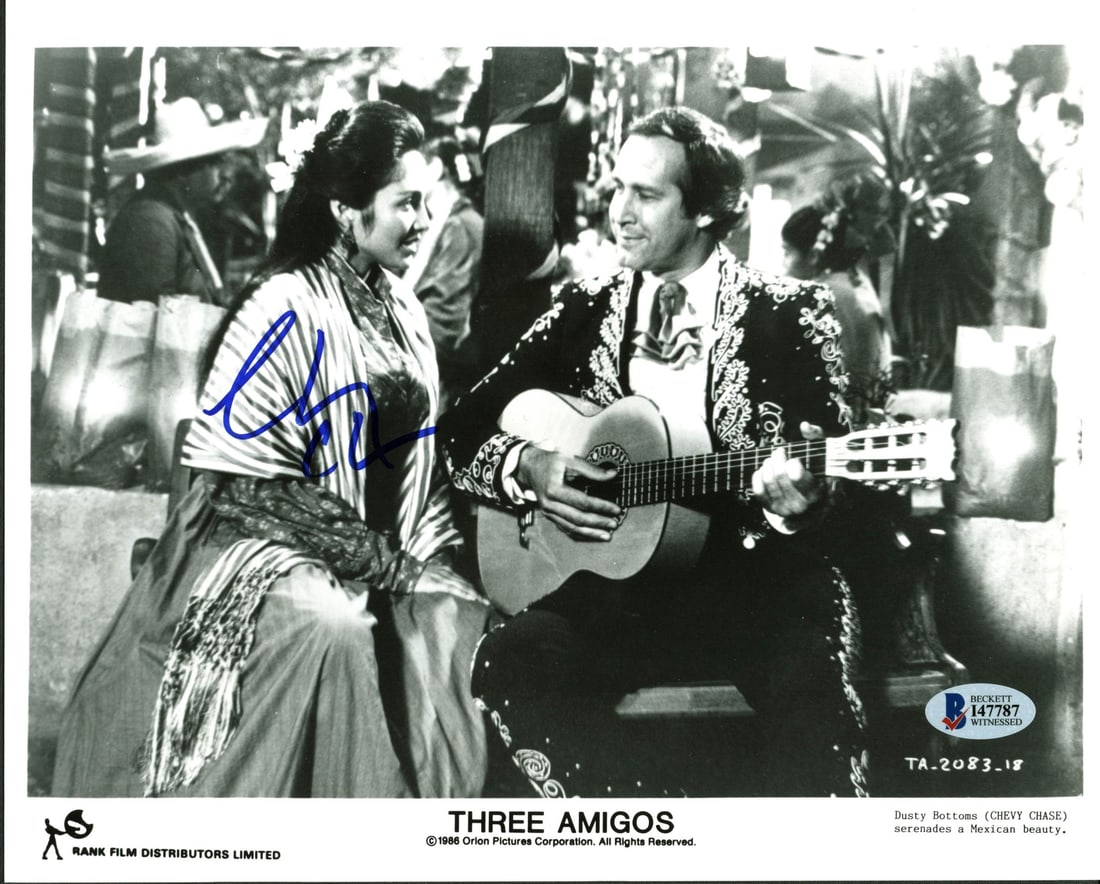 Chevy Chase Autographed Three Amigos 8x10 Photo BAS Witnessed COA: Chevy Chase Autographed Three Amigos 8x10 Photo BAS Witnessed COA This authentic 8x10 promotional photo from "Three Amigos" has been personally signed by Chevy Chase. The autograph was witnessed and c