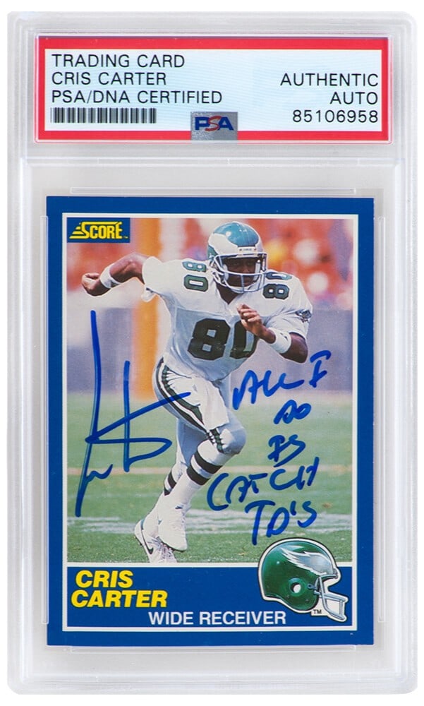 Cris Carter Signed 1989 Score Rookie Card #72 with All I Do Is Catch TDs Inscription PSA: Cris Carter Signed 1989 Score Rookie Card #72 with All I Do Is Catch TDs Inscription PSA Encapsulated This is a Cris Carter signed 1989 Score rookie football trading card #72, featuring the inscriptio
