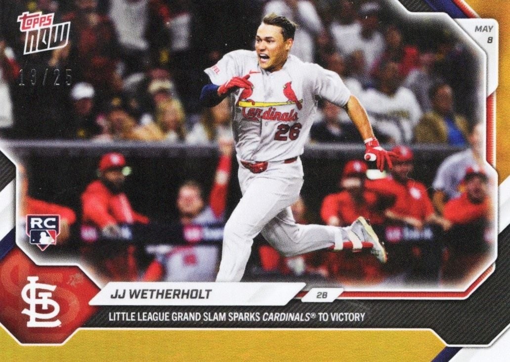 JJ Wetherholt 2026 Topps Now 181 Orange Foil Rookie Card /25: JJ Wetherholt 2026 Topps Now 181 Orange Foil Rookie Card /25 2026 Topps Now JJ Wetherholt #181 Orange Foil rookie baseball card featuring the St. Louis Cardinals player. This pre-owned sports trading 