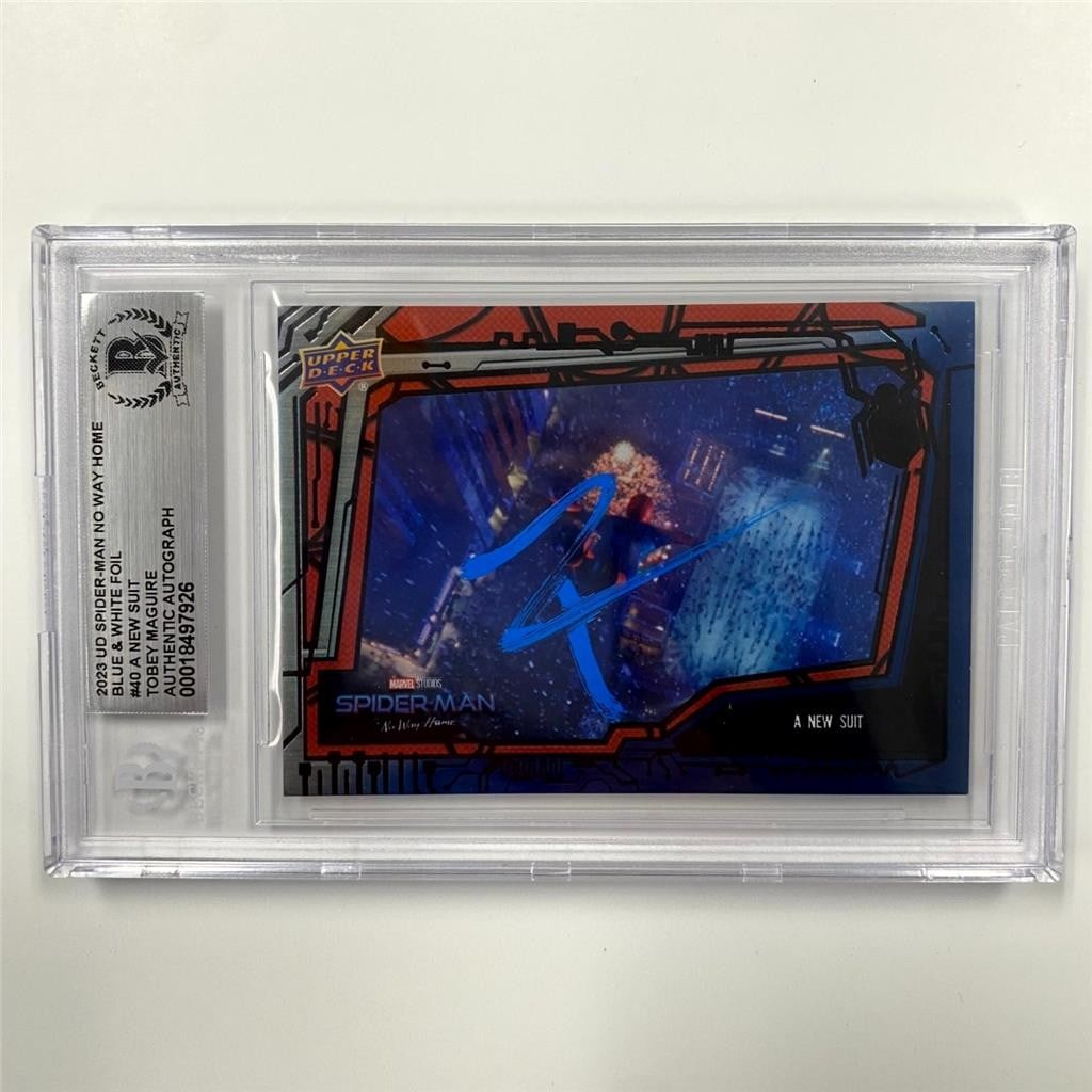 2023 Spider-Man No Way Home Chase Peter Parker autographed card Tobey Maguire PSA: 2023 Spider-Man No Way Home Chase Peter Parker autographed card Tobey Maguire PSA This 2023 Upper Deck Spider-Man No Way Home #40 trading card features a hard-signed autograph by Tobey Maguire, who po