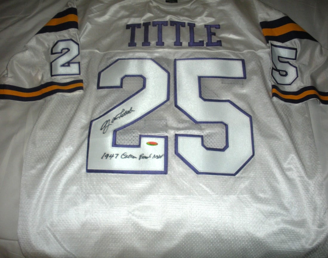 Nike Official LSU Tigers Jersey Signed by YA Tittle with Tristar COA: Nike Official LSU Tigers Jersey Signed by YA Tittle with Tristar COA This is an officially licensed Nike jersey signed by YA Tittle, commemorating his achievements with the LSU Tigers and MVP honors. 