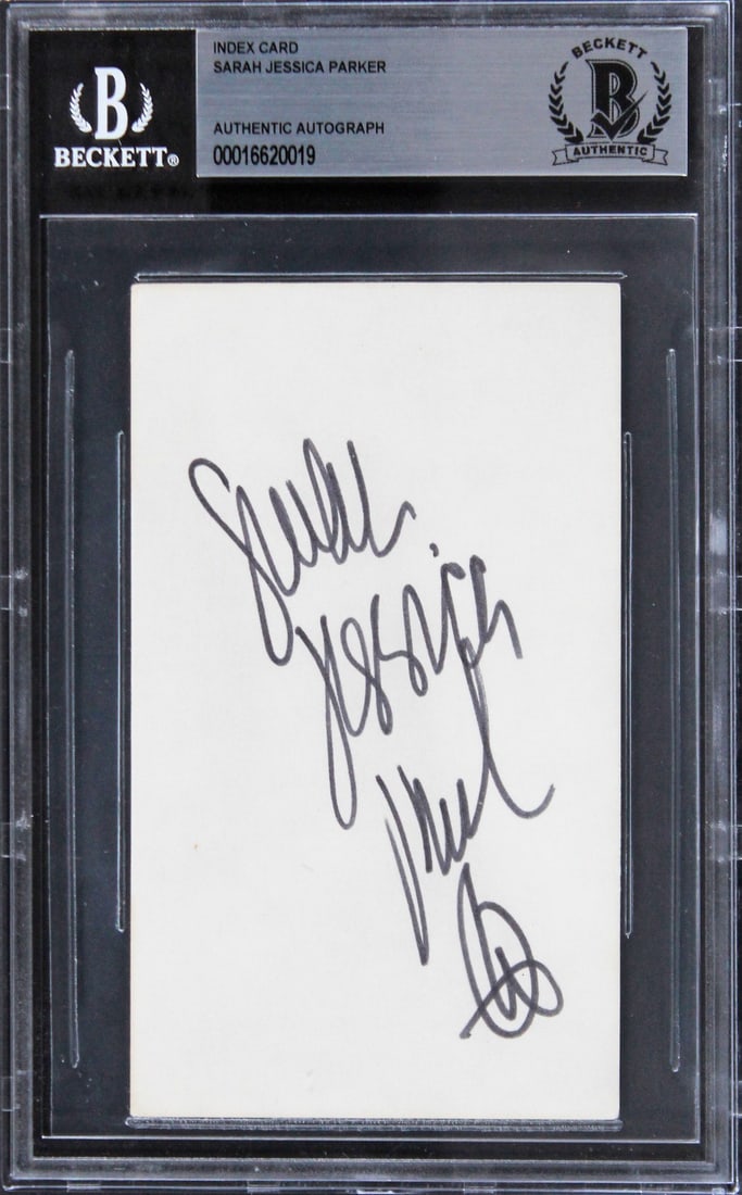 Sarah Jessica Parker autographed 3x5 card Beckett authenticated: Sarah Jessica Parker autographed 3x5 card Beckett authenticated Original autographed 3x5 index card personally signed by Sarah Jessica Parker from Sex And The City. The item is slabbed by Beckett Auth