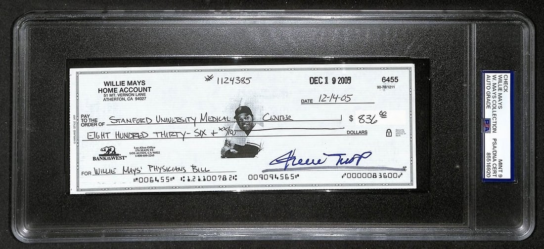 2005 Willie Mays signed bank check PSA DNA Mint 9 (1 of 2)