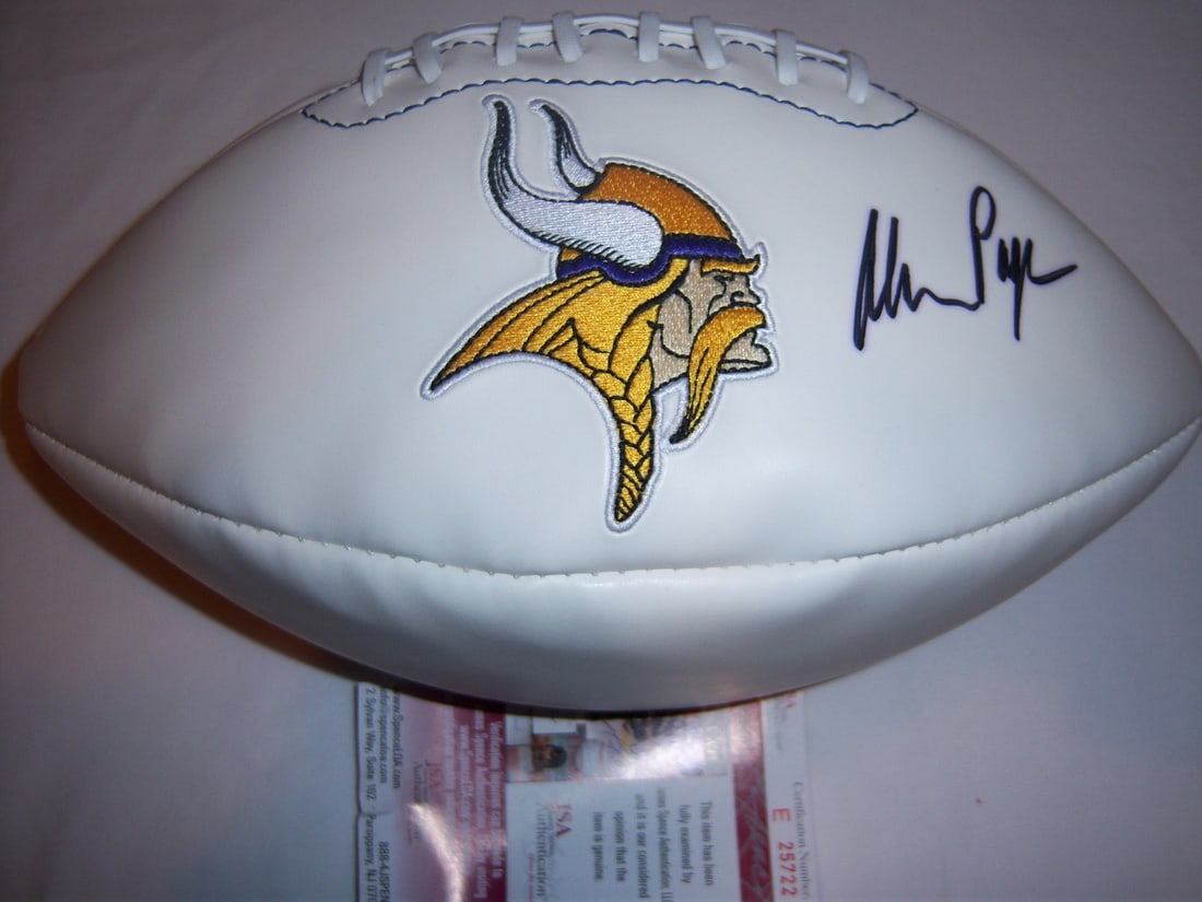Signed Minnesota Vikings football Alan Page JSA COA: Signed Minnesota Vikings football Alan Page JSA COA This is an original football signed by Alan Page, featuring the Minnesota Vikings logo. The item is a pre-owned NFL football and includes JSA/COA au