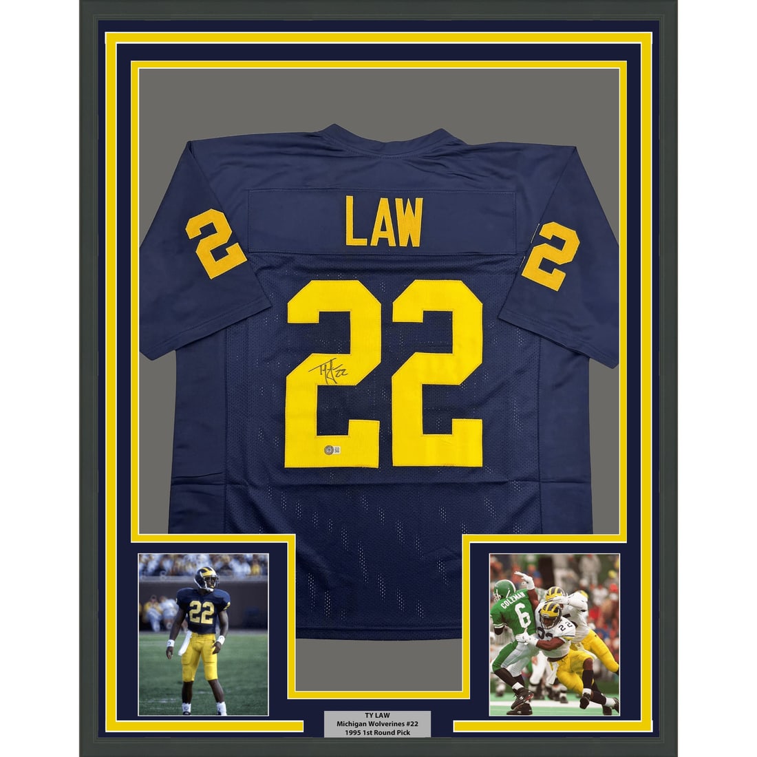 Ty Law Signed Michigan Wolverines Framed Blue Jersey 35x39 Beckett COA (1 of 2)