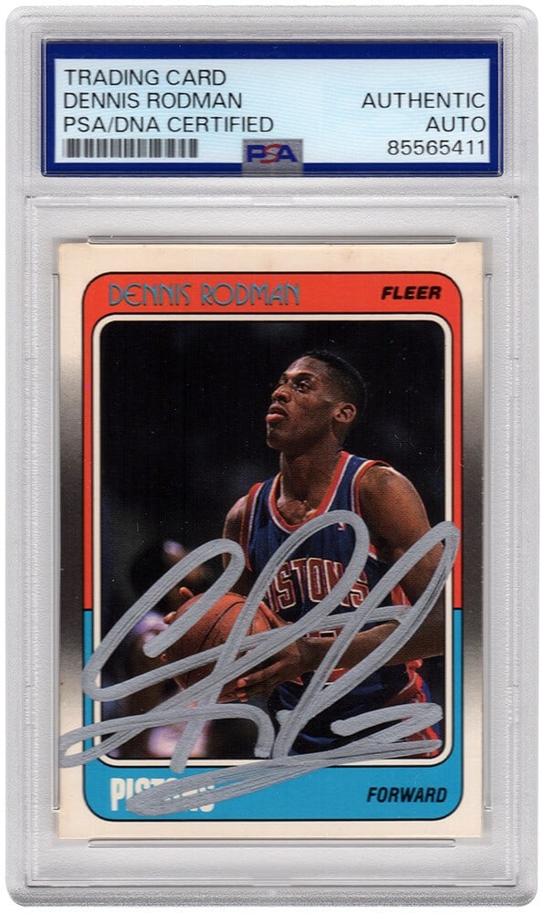 Dennis Rodman Signed 1988 Fleer RC Basketball Card PSA/DNA Detroit Pistons: Dennis Rodman Signed 1988 Fleer RC Basketball Card PSA/DNA Detroit Pistons This is a Dennis Rodman signed 1988 Fleer rookie basketball trading card #43 featuring the legendary player from the Detroit 