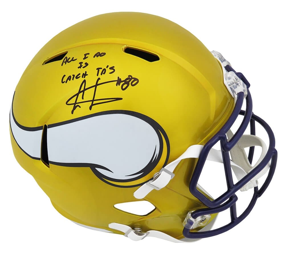 Cris Carter Signed Vikings Flash Helmet with Catch TD Inscription: Cris Carter Signed Vikings Flash Helmet with Catch TD Inscription This is a Cris Carter signed Minnesota Vikings FLASH full-size Speed replica helmet, featuring the inscription 'All I Do Is Catch TD's